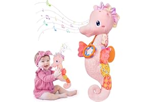 COQIN Baby Toys 0-6 Months,Infant Musical Seahorse Stuffed Animals Sensory Toys with Bright Colors,Multiple Textures,Rattles & Crinkle Sound Paper,Soft Tummy Time Toy for Newborn Boys Girls 0-12 Months-Pink