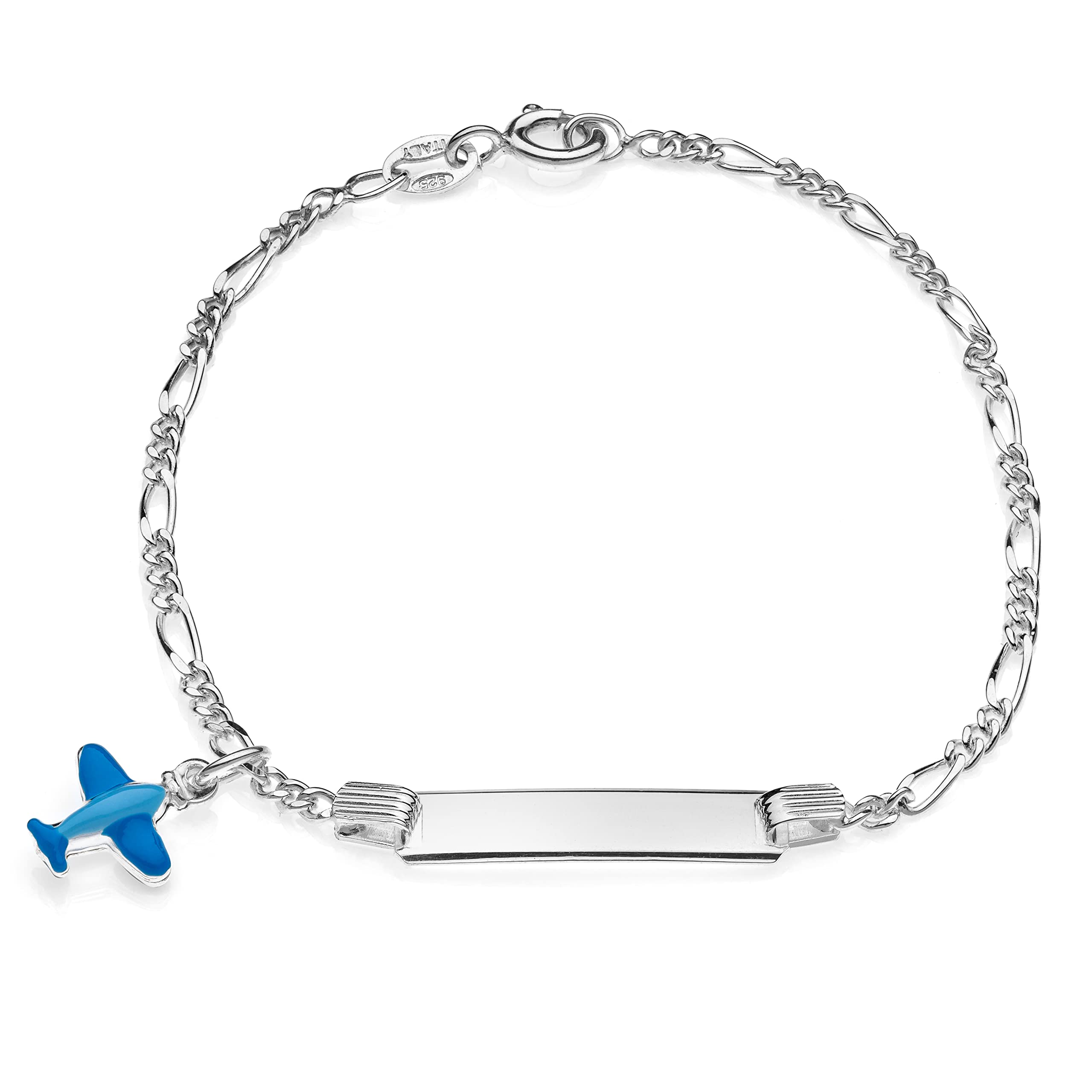 Aka Gioielli ® - 925 Silver Child ID Tag Bracelet with Enamelled Blue Plane, Communion Gift