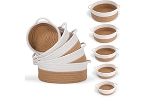 VOOWO Set of 5 Rope Basket, Round Small Woven Baskets for Storage, Gift Basket Empty, Small Cotton Rope Baskets for Organizing, Home Decor Coiled Baskets, Montessori Shelf Toy Storage (White & Jute)