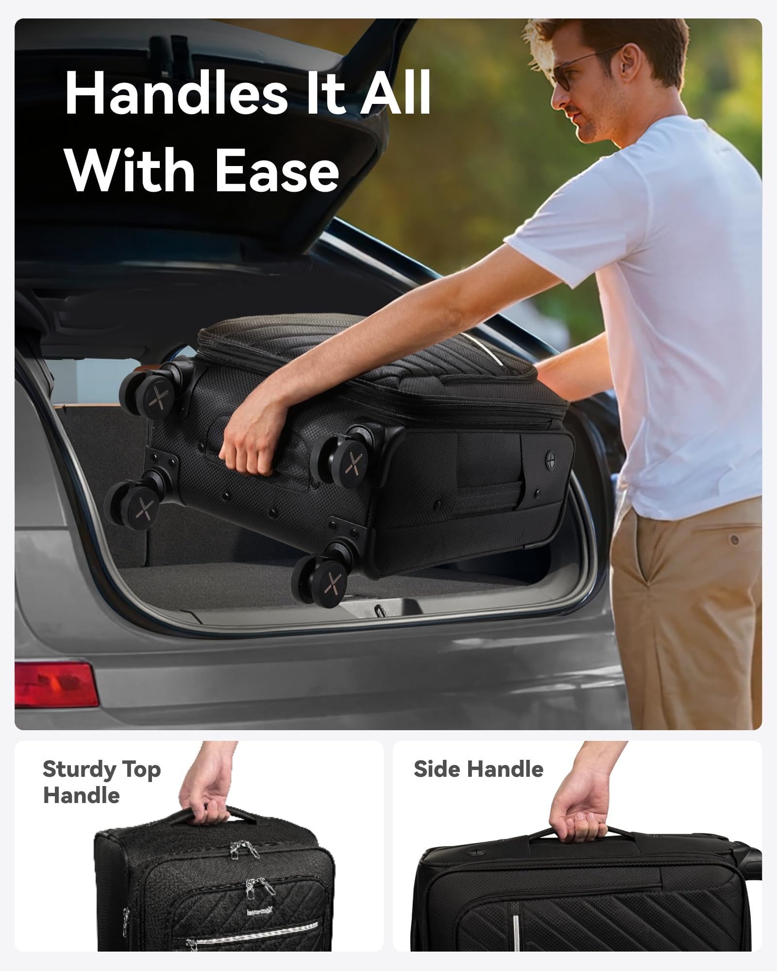 LUGGEX Carry On Luggage with Spinner Wheels - Stylish Lightweight Carry On Suitcase - Soft Sided 22x14x9 airline approved with Front Open Design for Travel, Business (Black, 20 Inch)