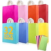 EIOFG Packaging 32Pcs Paper Gift Bags 8 Color with Colorful Tissues, 10.6"x8.26"x4.3" Kraft Paper Party Favor Bags Bulk Rainbow Goodie Bags Large Gift Bags with Handles for Kids Birthday Baby Shower Crafts Wedding Party Supplies (8 Colors)