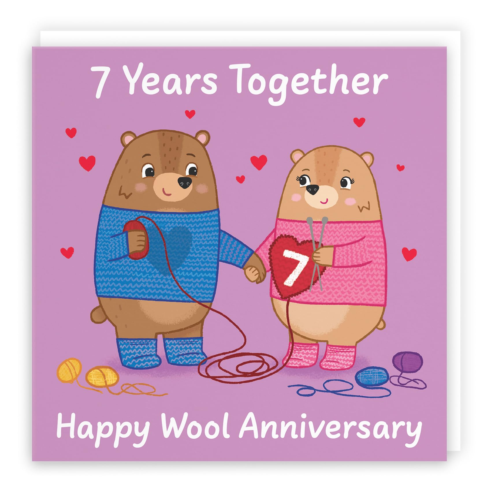 Hunts England - Cute 7th Anniversary Card - Wool Anniversary - Bears - Seventh Anniversary - 7 Years - For Him, Her, Couple, Men, Women - Love Story Collection
