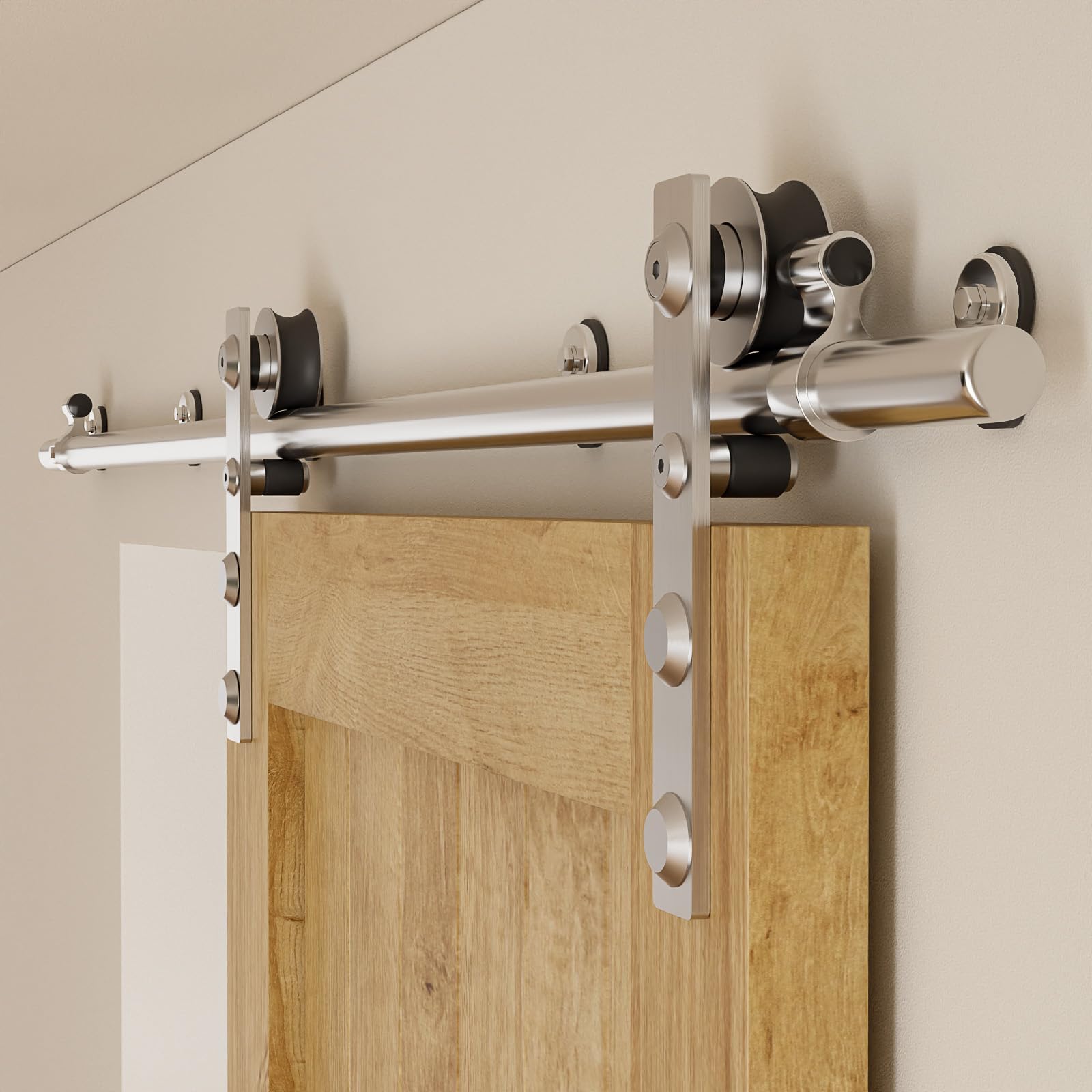 WOLFBIRD 5FT/152cm Sliding Track Barn Door Hardware Kit Stainless Steel Heavy Duty for Single Wood Door(Flat Head Hanger)