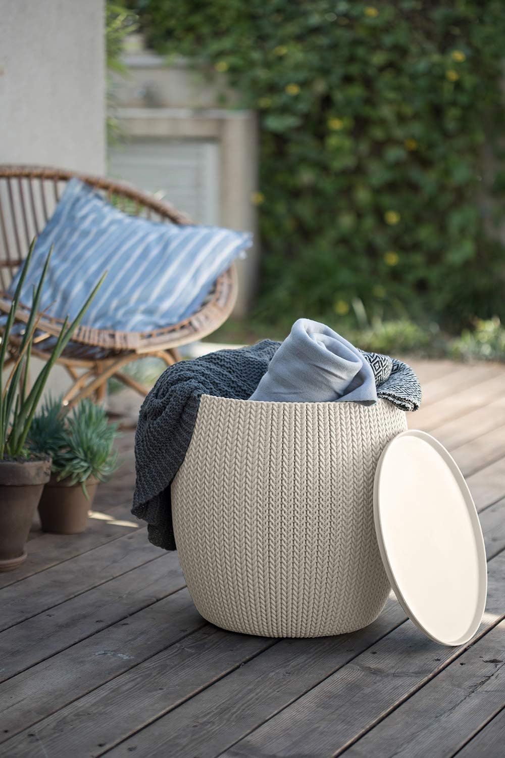 KETER Urban Knit Pouf Ottoman Set of 2 with Storage Table for Patio and Room Décor-Perfect for Balcony, Deck, and Outdoor Seating, Cream & Taupe : Garden & Outdoor