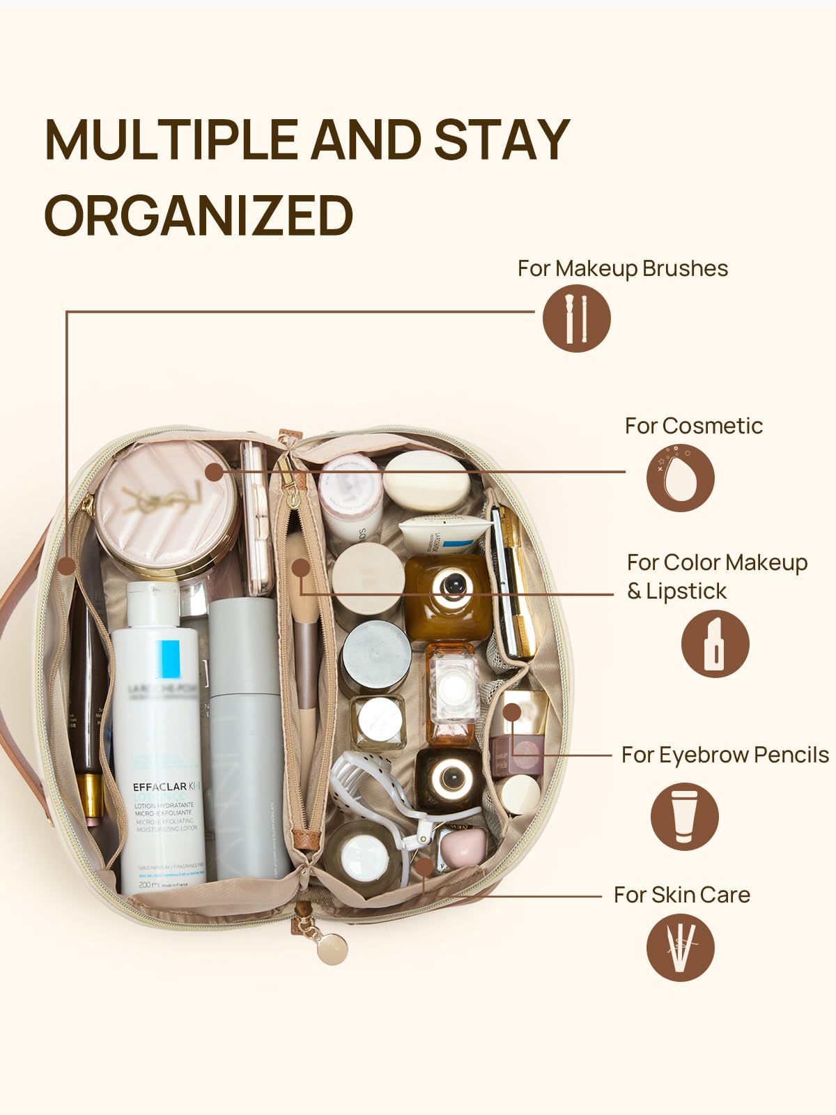 Telena Leather make up bag Large Capacity travel makeup bag cosmetic bag with Handle and Divider Open Flat