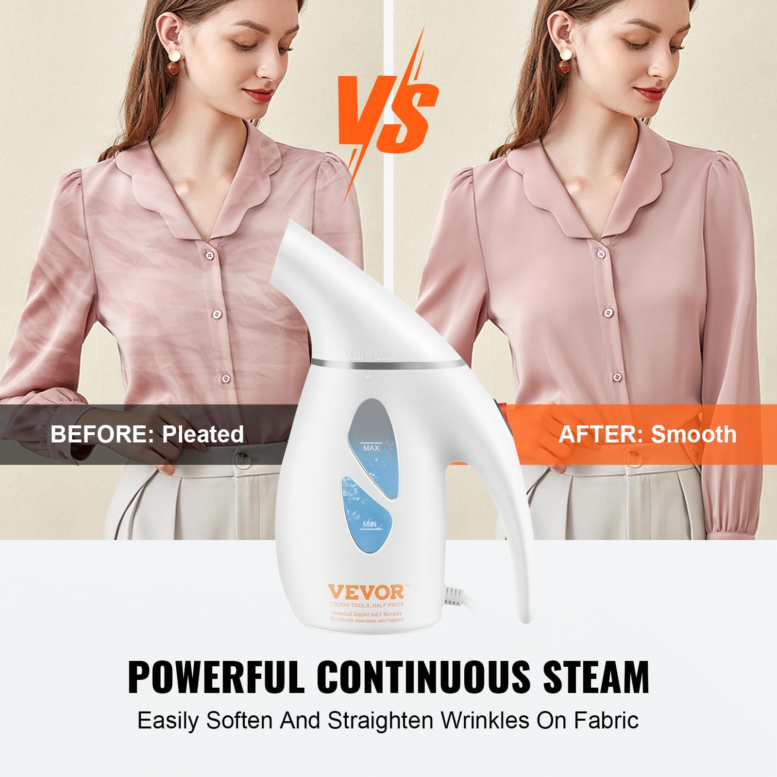 VEVOR Portable Handheld Fabric Steamer, 900W Quick Heat Steamer for Clothes, Wrinkle Remover Clothing Iron Intelligent Controller & Auto-Off & Large Detachable Water Tank, With Gloves, 240ml