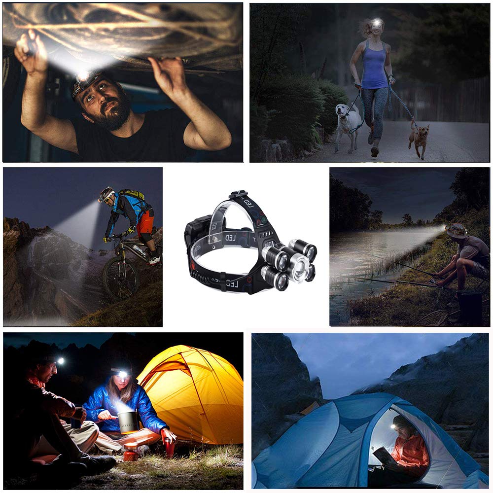 KKlite LED Rechargeable Headlamp Headlights - Brightest 6800 lumen Waterproof Work Head Flashlight included 18650 Batteries Car Charger Wall Charger and USB Cable for Camping Running Cycling Hiking