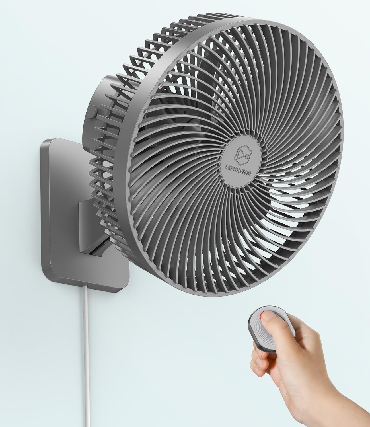 Photo 1 of LEMOISTAR 10 Inch Wall Mounted Fan with Remote Control, 90° Oscillating, 4 Speeds, 4 Timer, Adjustable Tilt, 70 Inch Cord, Quiet, for Bedroom Garage RV Office Home Patio-Grey