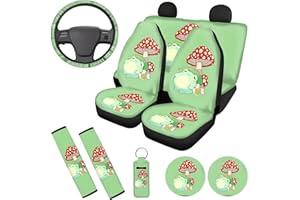 DISNIMO Mushroom Frog Car Seat Covers for Women with Steering Wheel Cover, Cup Holder Coasters, Seat Belt Pad, Cup Holder Coasters, Chapstick Holder Keychain 10pcs Auto Accessories