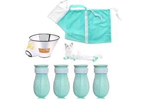 MSMUOEZ 7 Pieces of Cat Bathing Supplies,Anti-Scratch Silicone Cat Shoes,Cat Claw Covers, Cat Shower Net Bag,Cat Bathing Bag,Cat Grooming Mesh Bag,Elizabethan Collar(No.3)