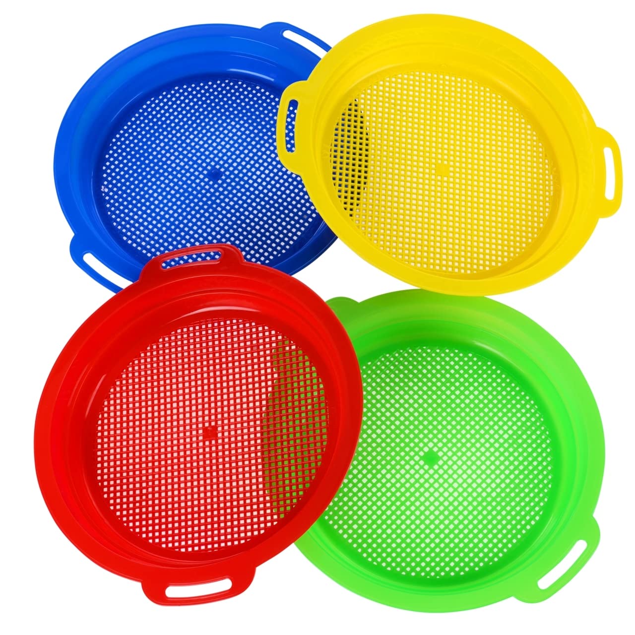 Photo 1 of QINGLER Sand Sifters Sieve for The Beach Sand Toys (Red, Blue, Yellow & Green) Complete Gift Set Bundle-4Pack(8.75x 9.75in)…