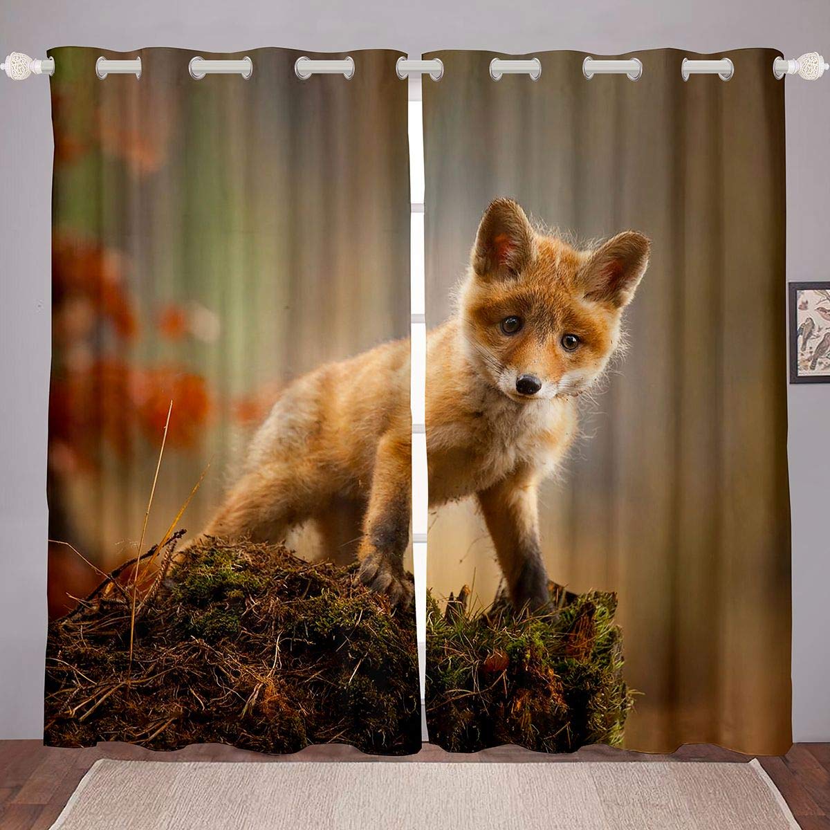 Loussiesd Fox Print Curtain Kids Cute Wild Animal Window Curtains For Children Teens Little Woodland Fox Window Treatment Nature Window Drapes Bedroom Decor W46*L54