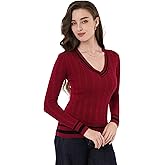 AmélieBoutik Women Casual V Neck Long Sleeve Preppy Sweater Trendy Striped Cable Knit Blouse Tops