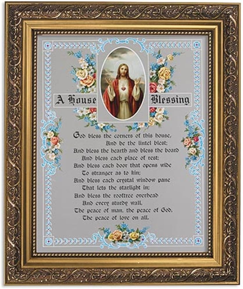 Gerffert Collection Sacred Heart of Jesus A House Blessing Framed Inspirational Print, 13 Inch (Ornate Gold Tone Finish Frame)