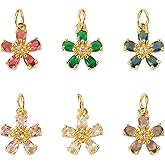 Cheriswelry Flower Charms 6Pcs Cubic Zirconia Flower Pendants Gold Plated Floral Hang Ornament 14.5x12.5mm for DIY Valentines Crafts Necklace Bracelet Earring Jewelry Making