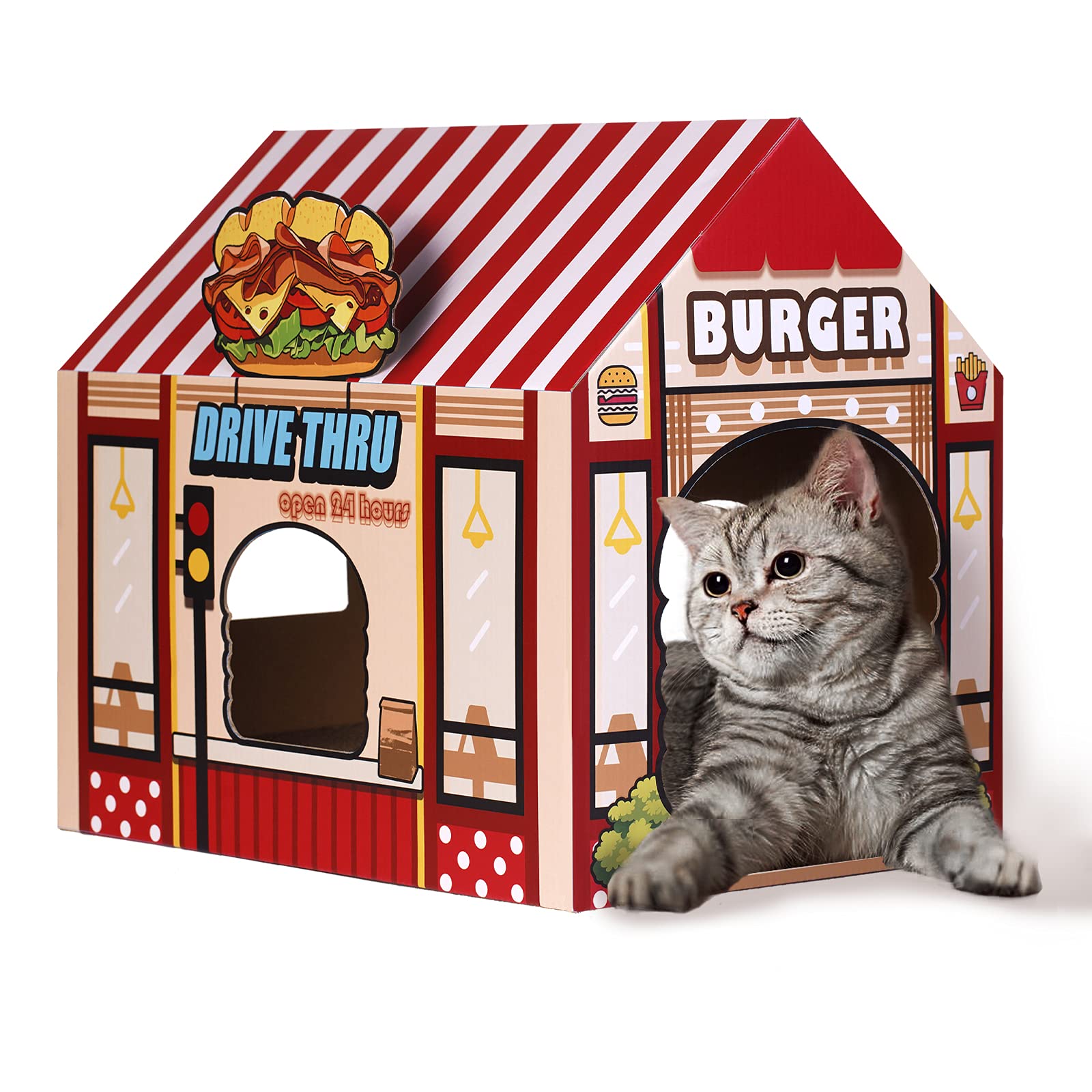 SEKAM Cat Burger Shop Cat House with Scratcher, Catnip, Triangle Design, Indoor, 16.5"L x 12"W x 15"H, Catnip Included