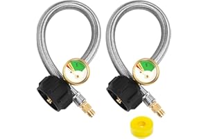AEKOPS 2 PCS 1/4" Inverted RV Propane Hose with Gauge,15 Inch Stainless Steel Braided Camper,RV Gas Hose for Standard 2 Stage Propane Regulator 5-40LB Propane Tank with 1/4" Inverted Male Flare