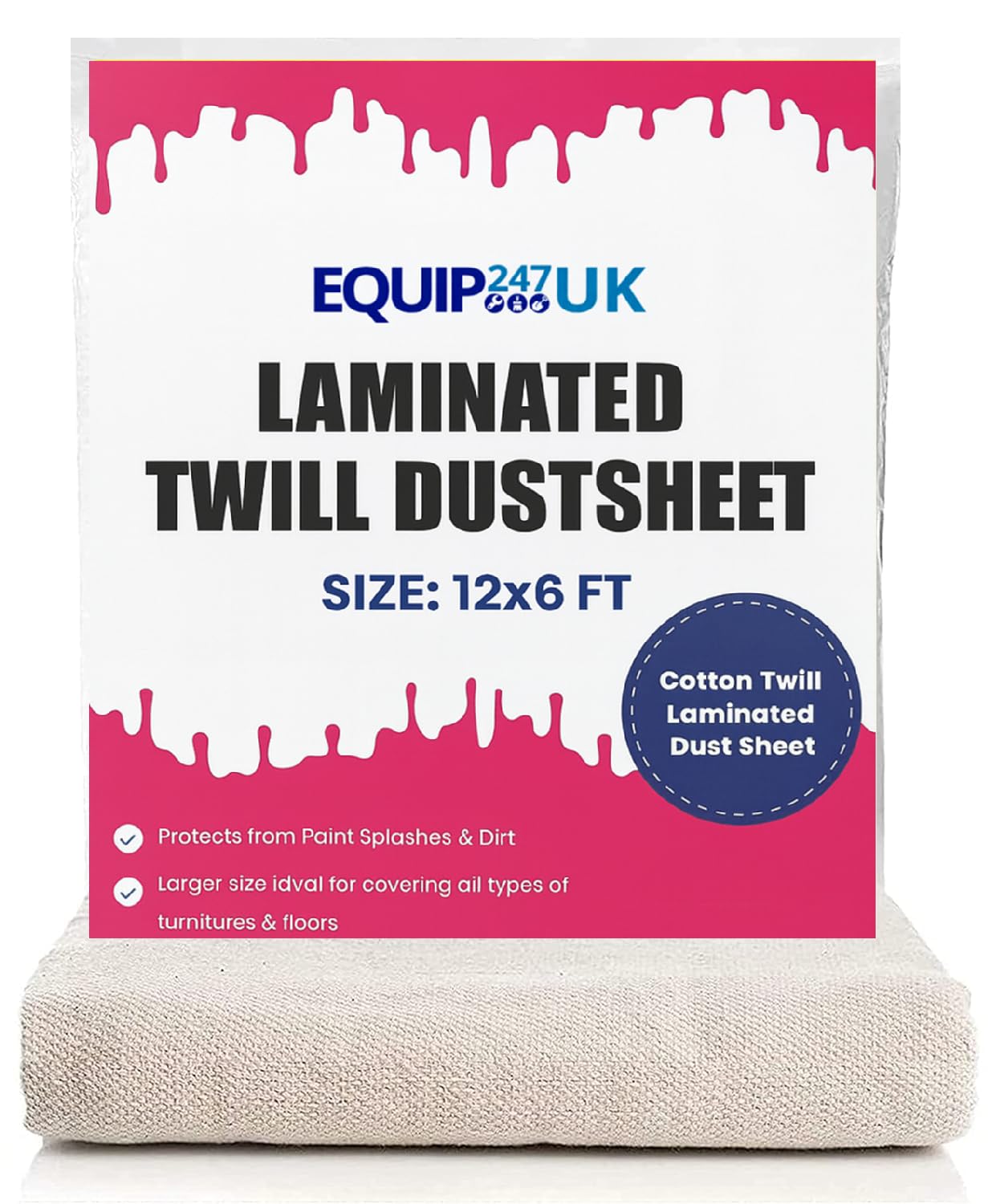 Laminated Cotton Dust Sheets for Decorating & Painting, 12ft x 6ft, Plastic Polythene Backing (2)