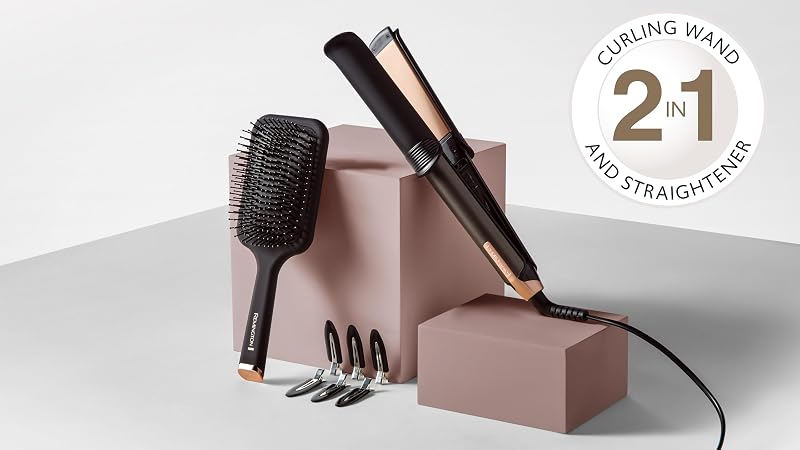 ONE Glätteisen & Lockenstab [2in1 Multistyler] Glätt-/Lockenmodus mit zuschaltbarer beheizter Außenfläche (inkl. Bürste, Klammern, Handschuh, 150-230° digitales Display) Haarglätter S6078