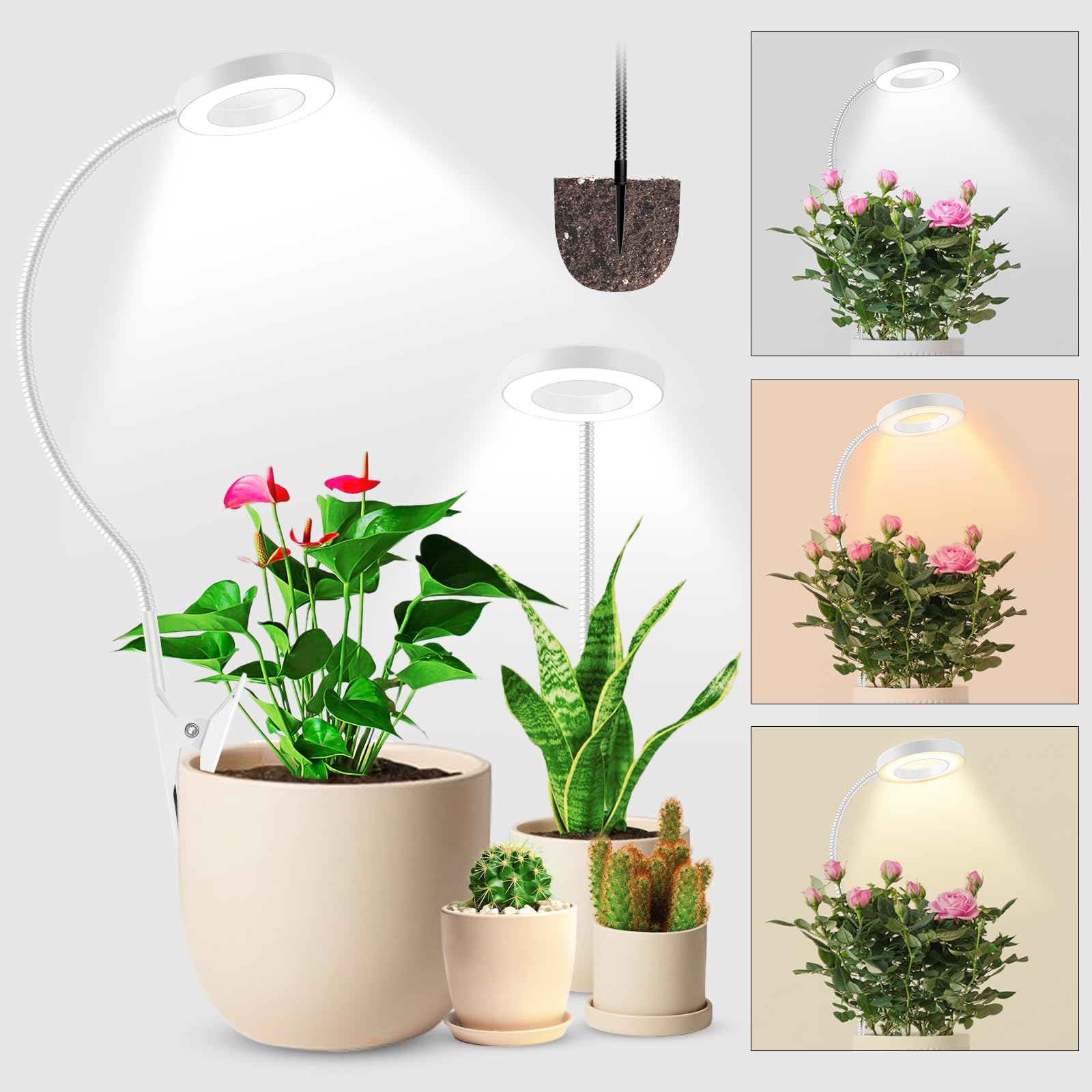 Photo 1 of Wolezek 2 in 1 Grow Lights for Indoor Plants, 3 Colors Plant Lights for Indoor Growing with 360° Gooseneck, 48 LEDs Full Spectrum Plant Grow Lights Indoor, 6/12/16H Timer, 5 Brightness, White 2 Pack