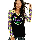 TIEEI Mardi Gras Long Sleeve Shirt for Women Mardi Gras V Neck T-Shirts Fat Tuesday Tee Heart Tops
