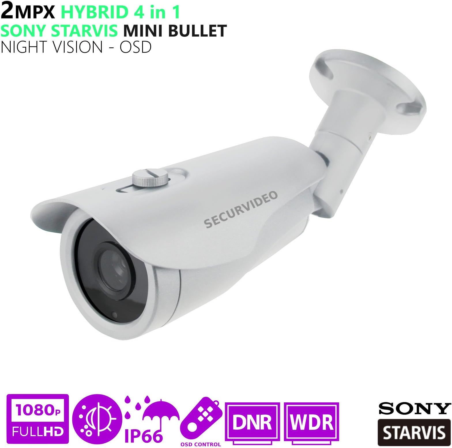 Mini Bullet Camera Hybrid 4 in 1 ahd cvi tvi cvbs 2Mpx SONY Starvis back illuminated IMX290 Day Night 60ft 2 SMT Ir Led Metal IP66 OSD Joystick WDR DNR 3.6mm
