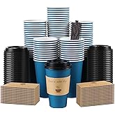 Clawsoff 100 Pack 16 oz Coffee Cups with Lids, Disposable To Go Paper Coffee Cups with Sleeves and Stirring Sticks for Hot/Cold Drinks Office Home Shop Event (Navy)