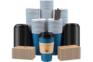 Clawsoff 100 Pack 16 oz Coffee Cups with Lids, Disposable To Go Paper Coffee Cups with Sleeves and Stirring Sticks for Hot/Cold Drinks Office Home Shop Event (Navy)