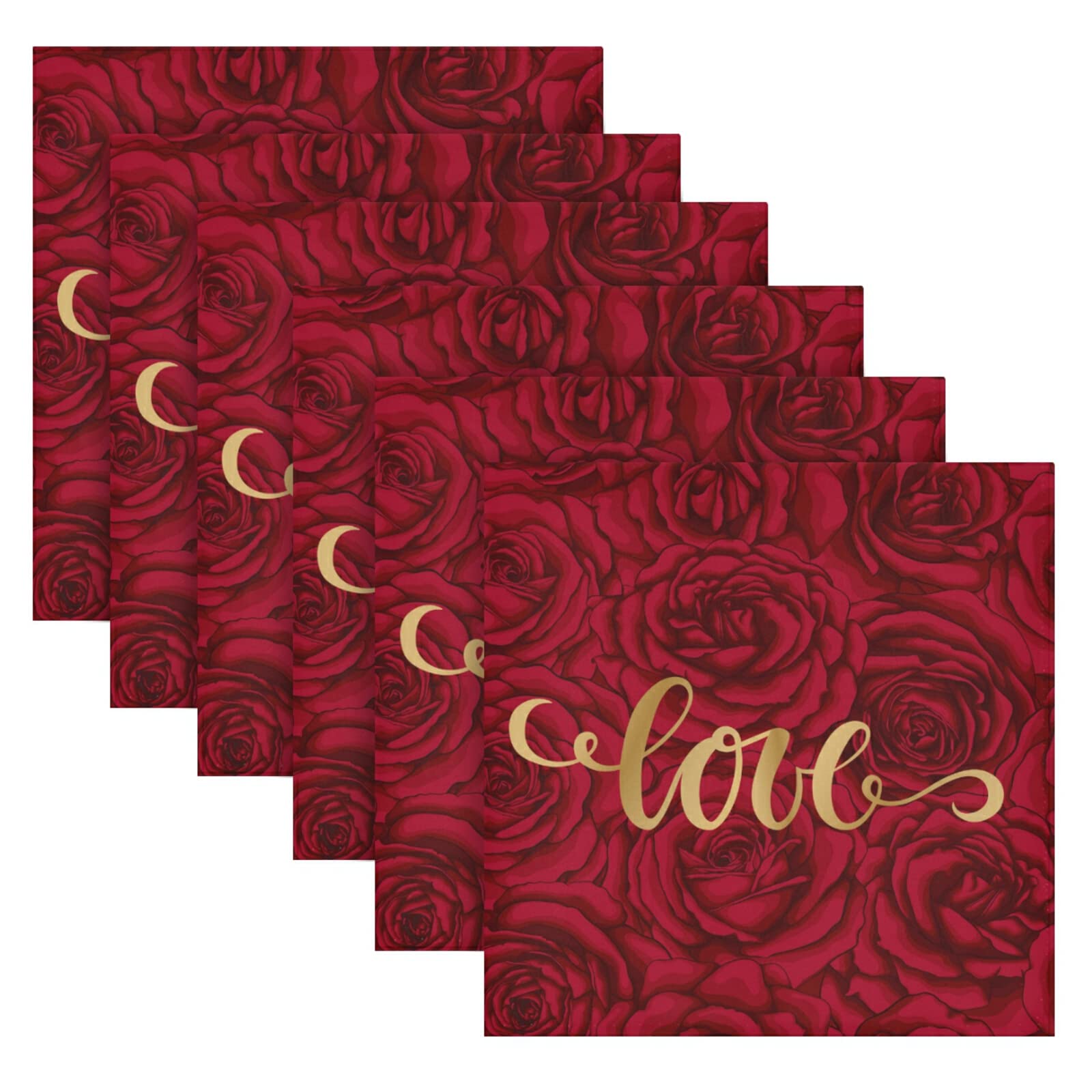 Valentine's Day Cloth Napkin Happy Valentine's Day Love on Romantic Rose Cloth Napkin Set of 6 Washable Polyester Table Napkins for Family Dinner, Party, Holiday