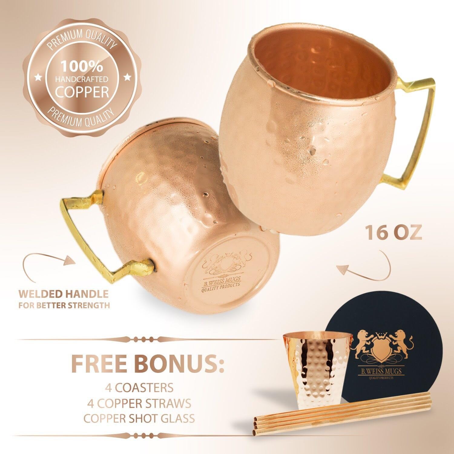 Moscow Mule Copper Mugs Set Of 4 By Bweiss 100 Pure Copper Bonus 4 Copper Straws4 Coasters 1 Shot Mughandmade Hammered Copper Cups