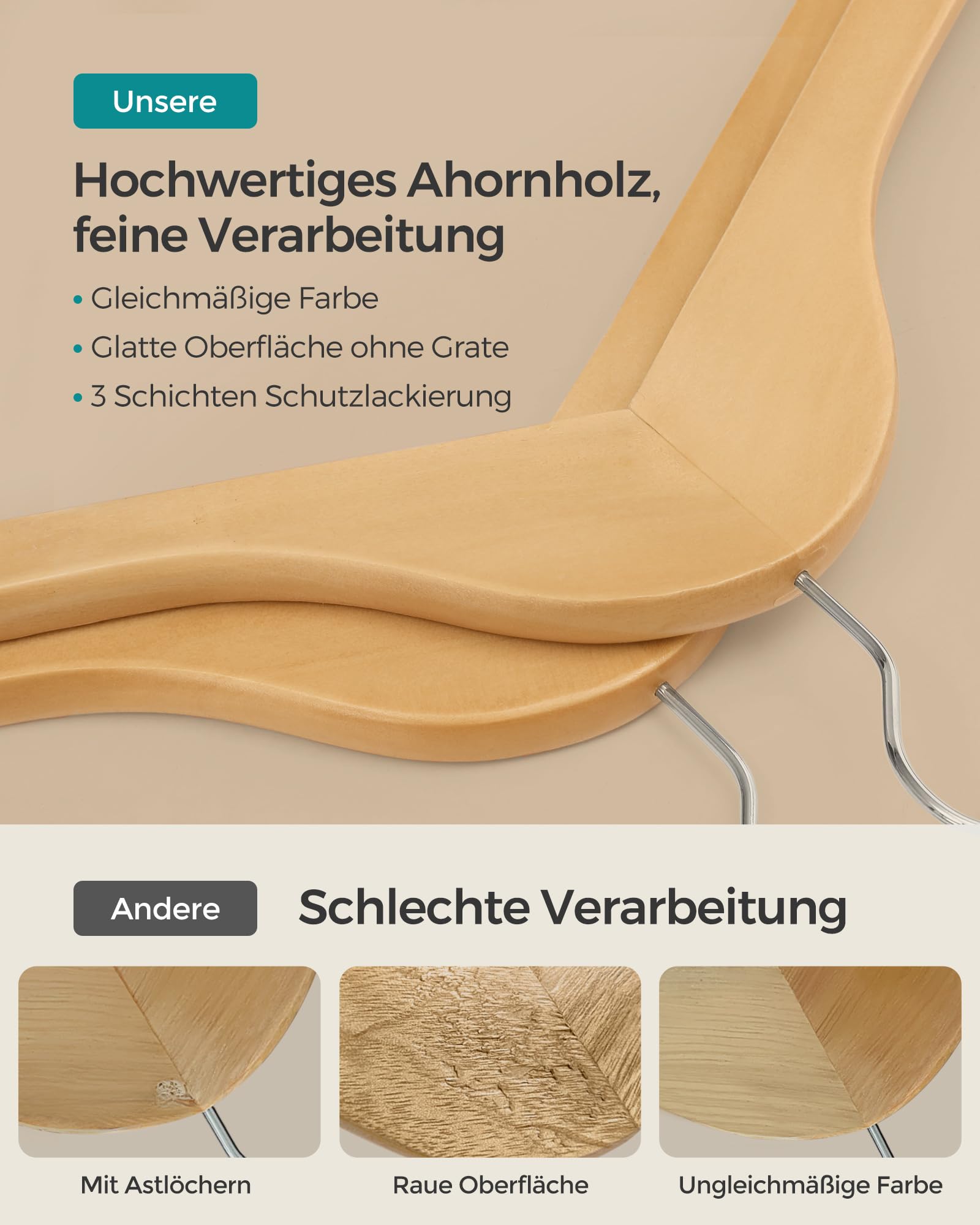 SONGMICS Kleiderbügel Holz, 20er Set, Bügel aus Massivholz, Einkerbungen im Schulterbereich, rutschfester Hosensteg, um 360° drehbarer Haken, für Anzüge, Hemden, naturfarben-silbern CRW001-20 3