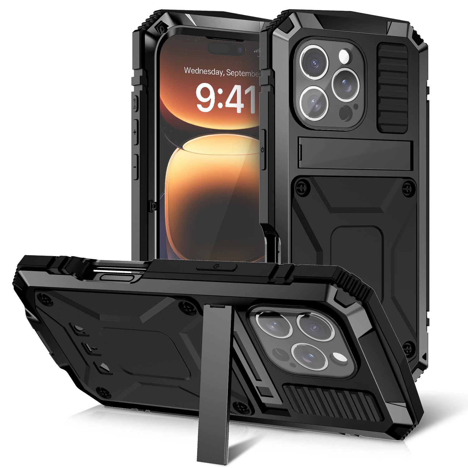 Metal Case for iPhone 16 Pro Max, Outdoor Heavy Duty Tough Armour Military Grade Built-in Screen Shockproof Dustproof Anti-Scratch Full Body Cover with Kickstand for iPhone 16 Pro Max (Black)