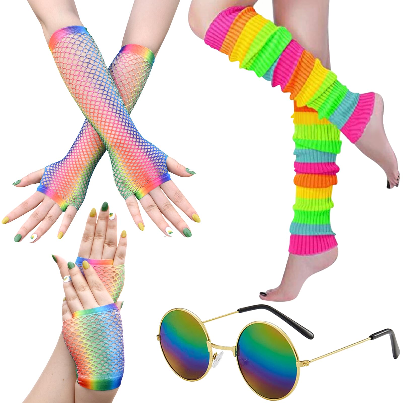 BDSHUNBF 80s Fancy Dress Costume,Short Fishnet Gloves, Long Short Fishnet Gloves, Neon Leg Warmers With Neon Glasses, for 80s Fancy Dress Costume Accessory Party