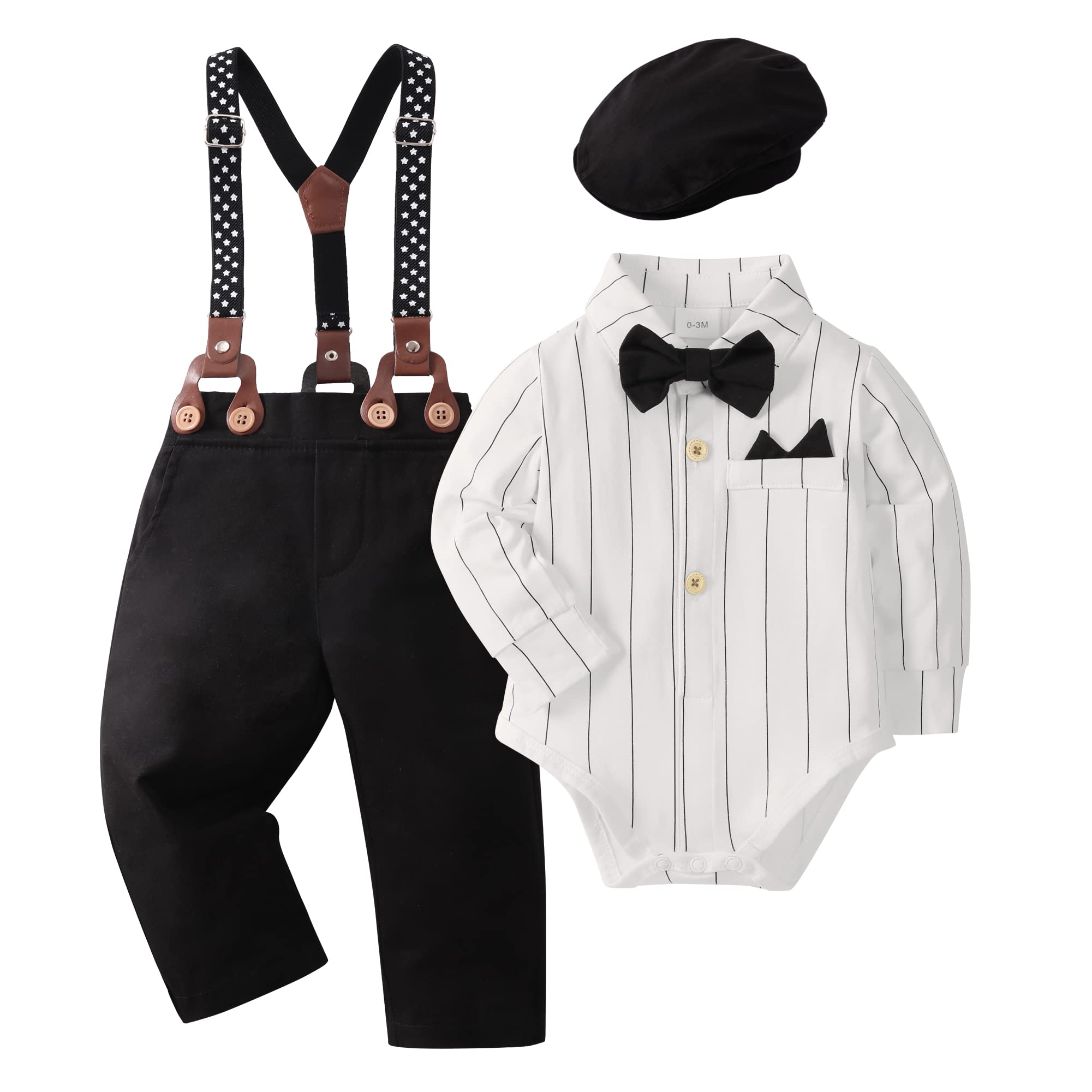 Photo 1 of ***Missing shirt*** YALLET Baby Boy Clothes Set Infant Tuxedo Long Sleeve Gentleman Suit Outfits + Beret Hat + Suspender Pants + Bowtie 0-18M