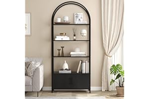 Arched 4-Tier Bookshelf with Louvered Doors – 71.5 Inch Tall Industrial Bookcase, Sturdy Metal Frame, Wood Shelves, Freestand
