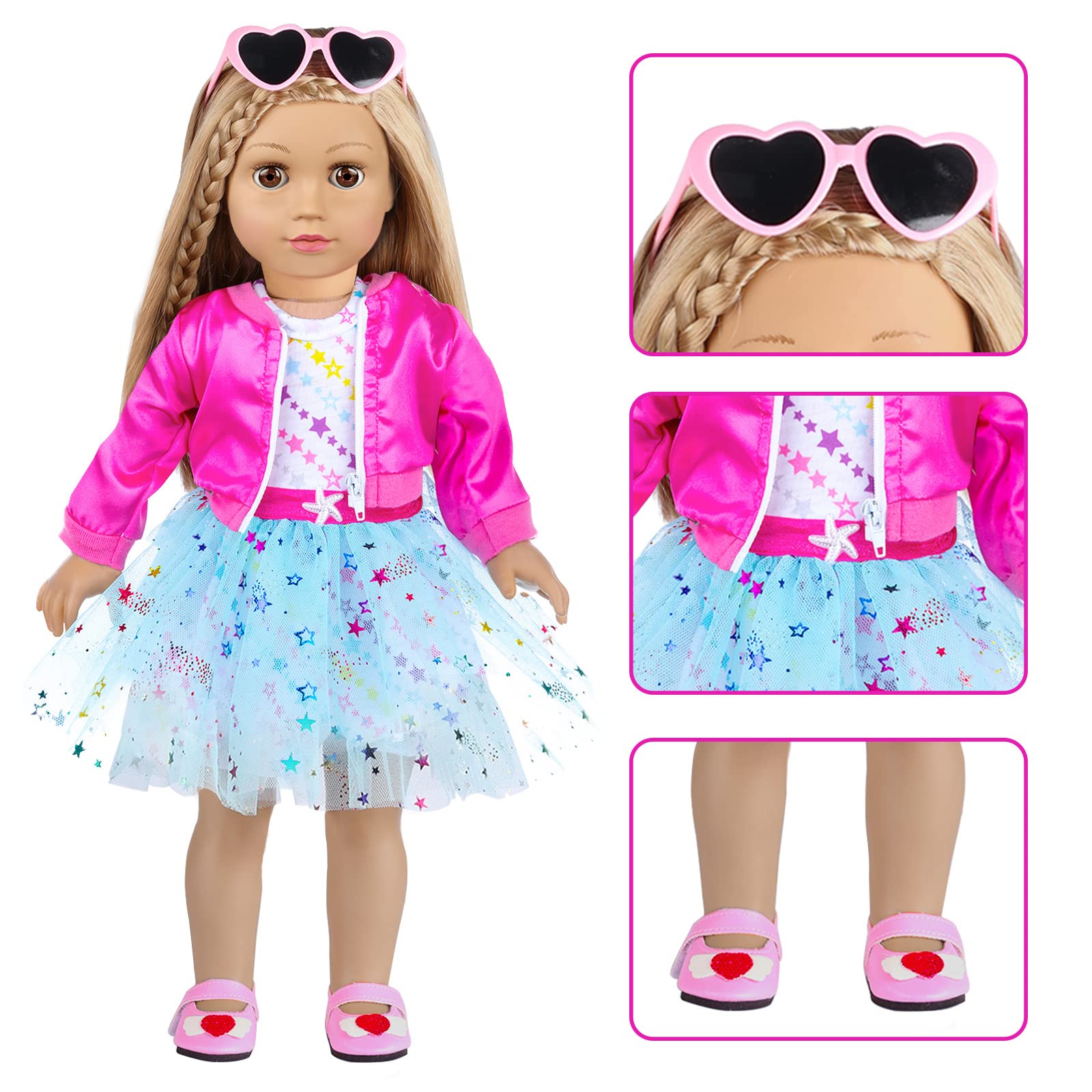 American 18 Inch Doll Clothes and Makeup Accessories Set Includes Clothes Backpack Sunglasses Phone Shoes Comb Mirror Eye Shadow Lipstick Hair Clip Hair Tie(Doll NOT Included)