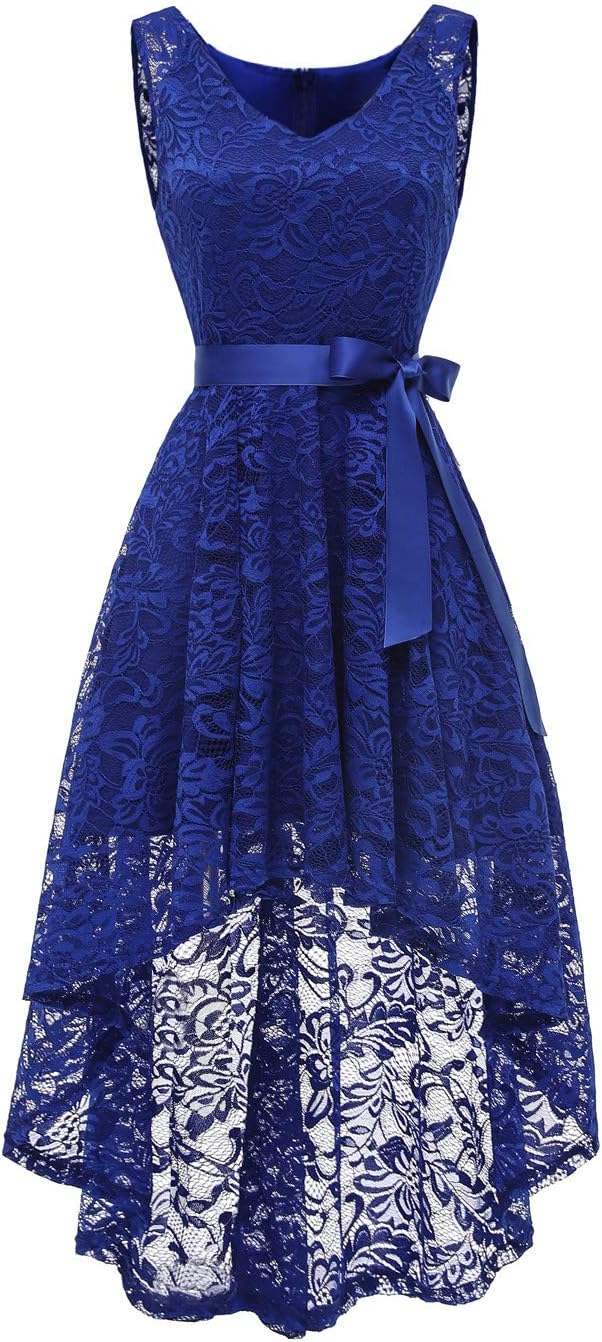 BeryLove Women's Floral Lace Hi-Lo Bridesmaid Dress V Neck Cocktail Formal Swing Dress