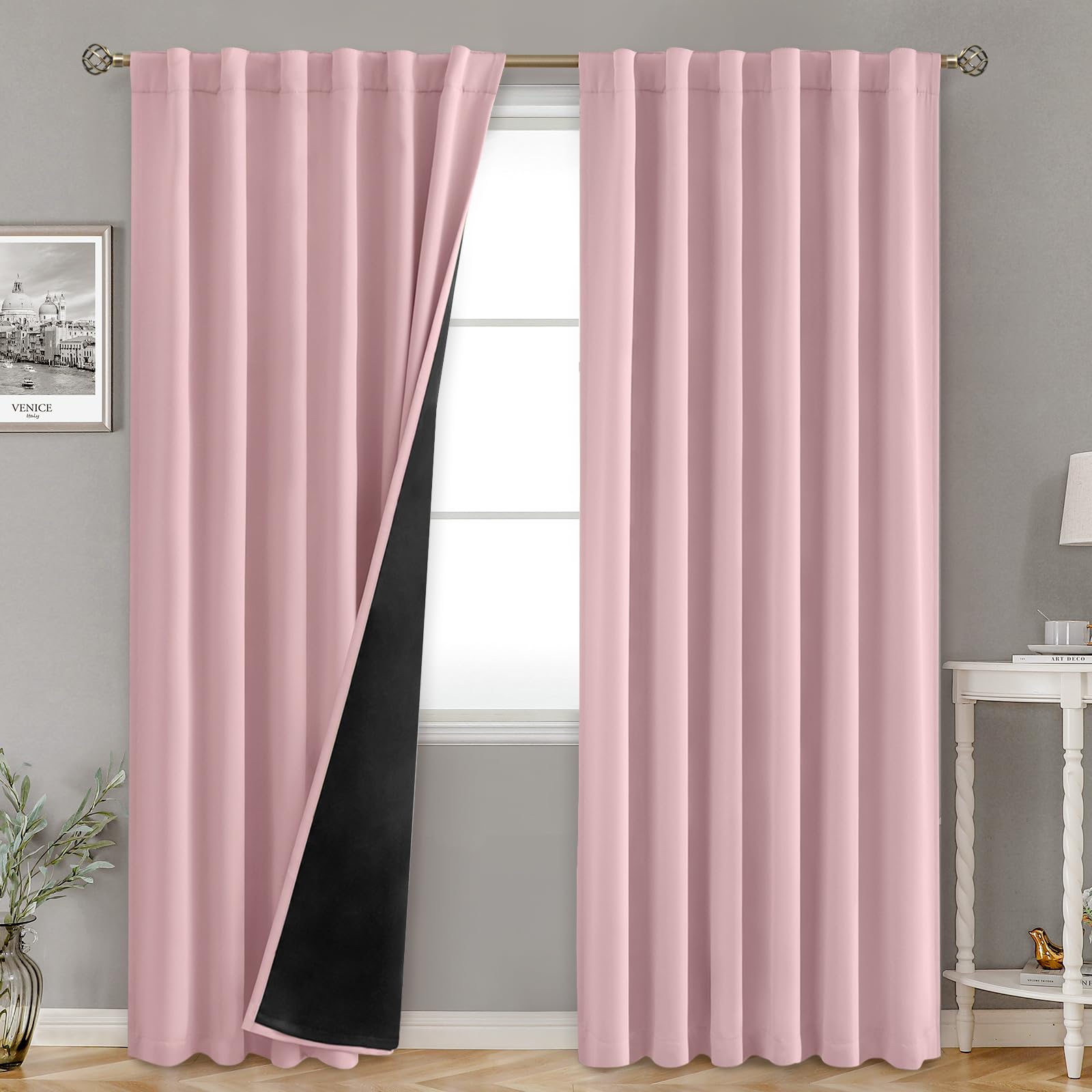 BGment Full Blackout Curtains with Thermal Insulation Liner Curtains 95 Inches Long, Rod Pocket and Back Tab Double Layer Room Darkening Window Curtain for Bedroom(52 x 95 Inch, 2 Panels, Pink) Image