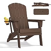 nevilywood Folding Adirondack Chair with Cup Holder, HDPE Patio Chairs, All-Weather Outdoor Chairs for Backyard, Deck, Fire Pit-Coffee