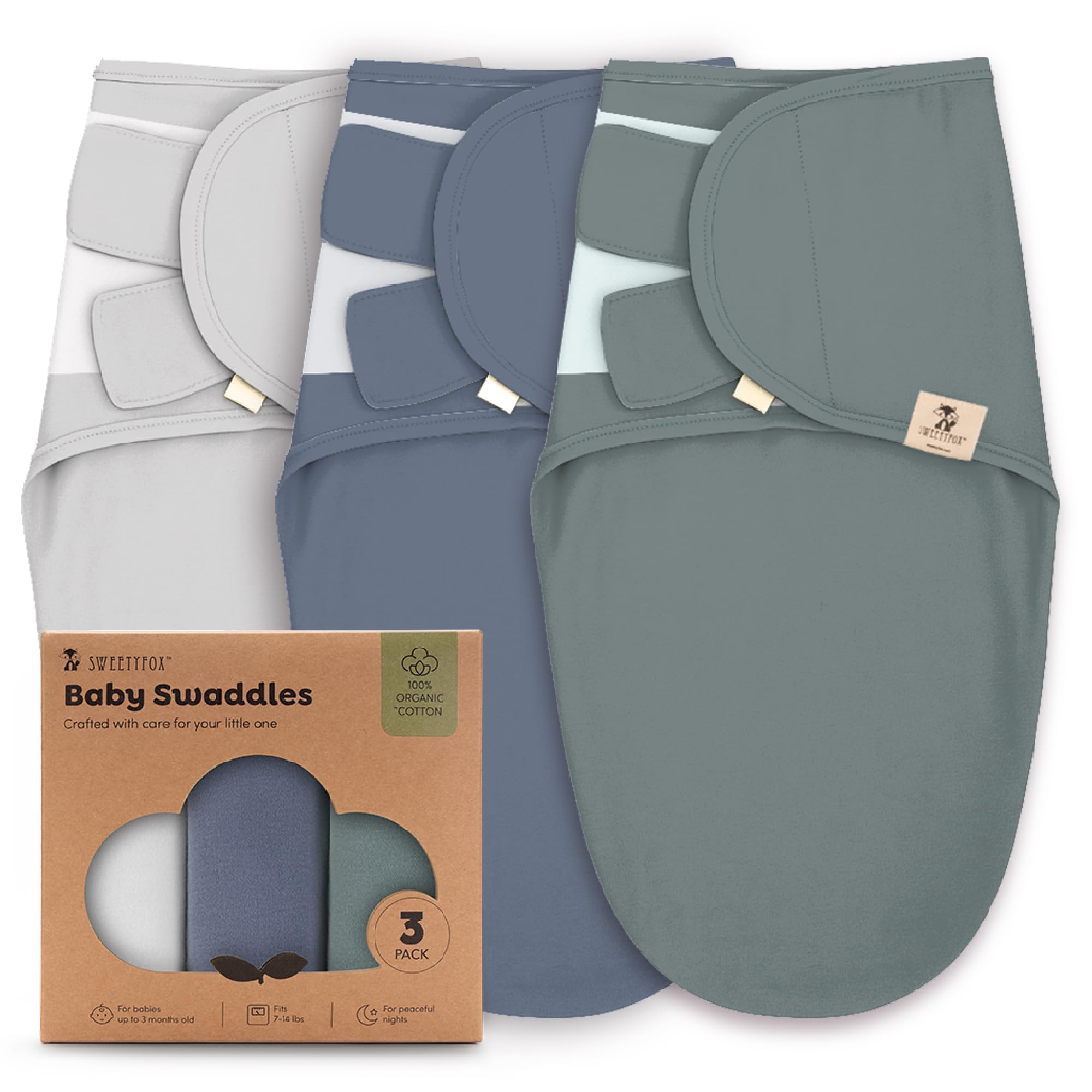 Photo 1 of Sweety Fox 3-Pack Organic Baby Swaddle Sleep Sacks - Swaddles for Newborns,Infant 0-3 Months,Baby Girls, Boys, Soft & Snug Newborn Sleep Sack, Nursery Swaddling Blankets, Velcro Closure (Grey Nomadic)