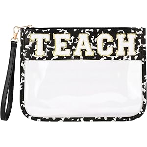 Cosblank TEACH Chenille Letter Clear Makeup Bag Pouch, Back to School Gifts for Teacher, PVC Clear Zipper Pouch with Wristlet