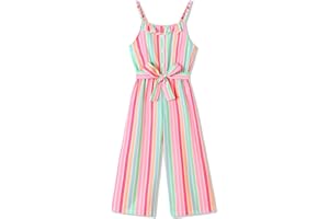 Crazyme Girls Jumpsuit Striped Sleeveless Girl Casual Rompers Suspender Wide Leg Pants with Belt Jumpsuit for Girls 4-13Y