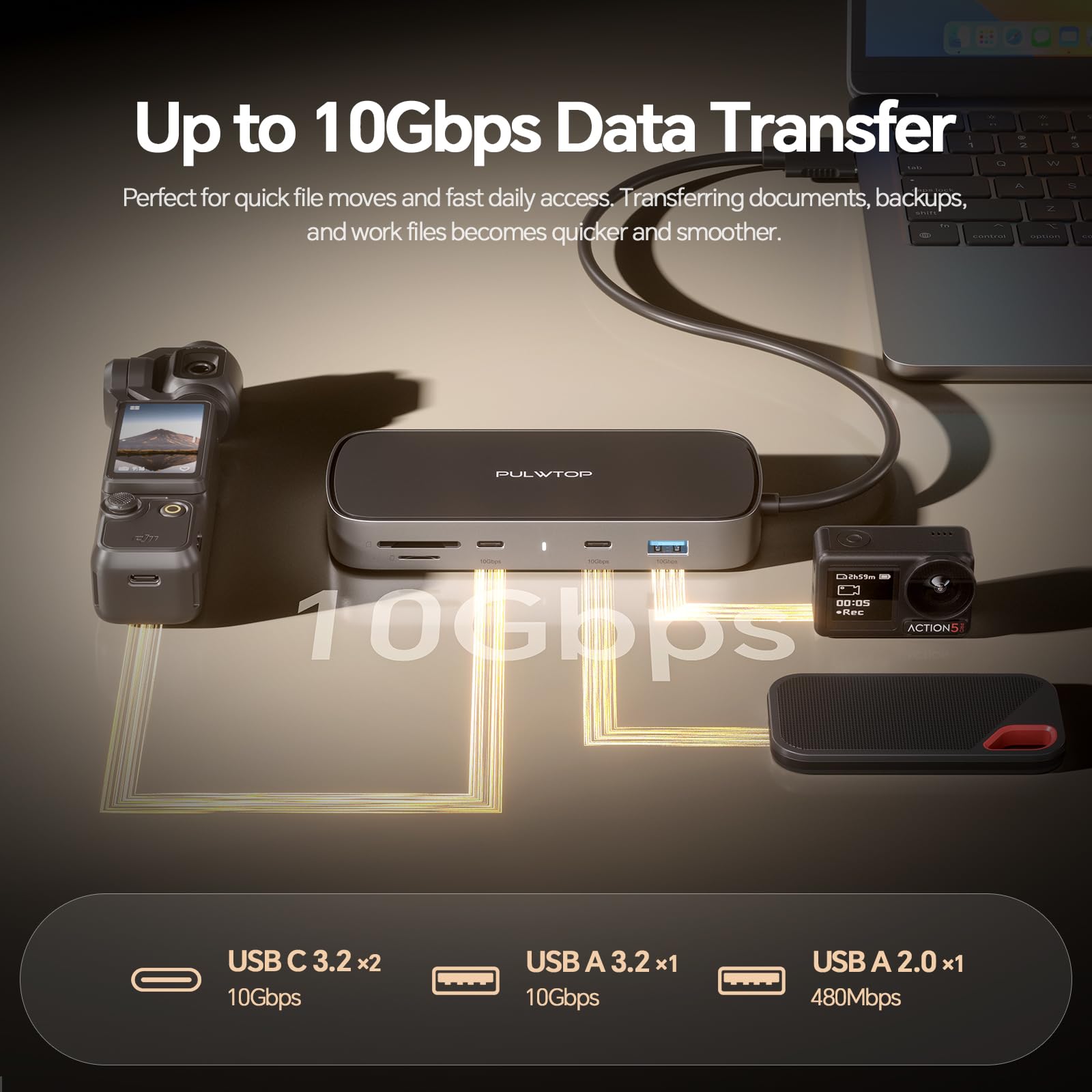 PULWTOP MacBook Dockingstation Dual Monitor 4K@60Hz für MacBook Pro/Air M5/M4/M3 Pro & Max, Dockingstation 2 monitore mit 2 HDMI Anschlüssen, PD, Ethernet, USB A/C 10 Gbit/s, SD/TF, USB 2.0 3