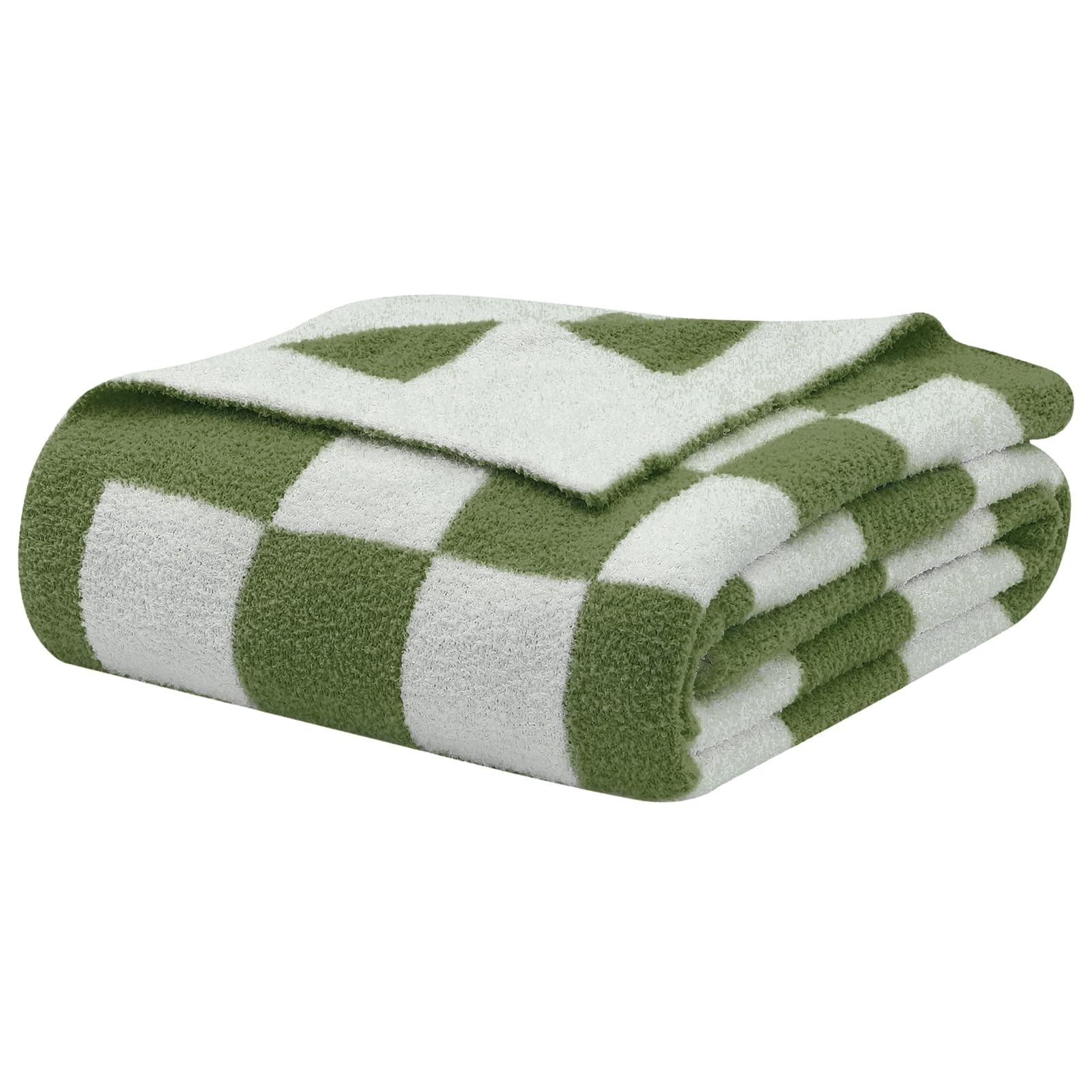 bearberry Fuzzy Checkerboard Grid Throw Blanket Knitted Soft Cozy Warm Microfiber Blanket Decor for Couch Sofa Bed Travel Home (Avocado Green, 50''x60'')