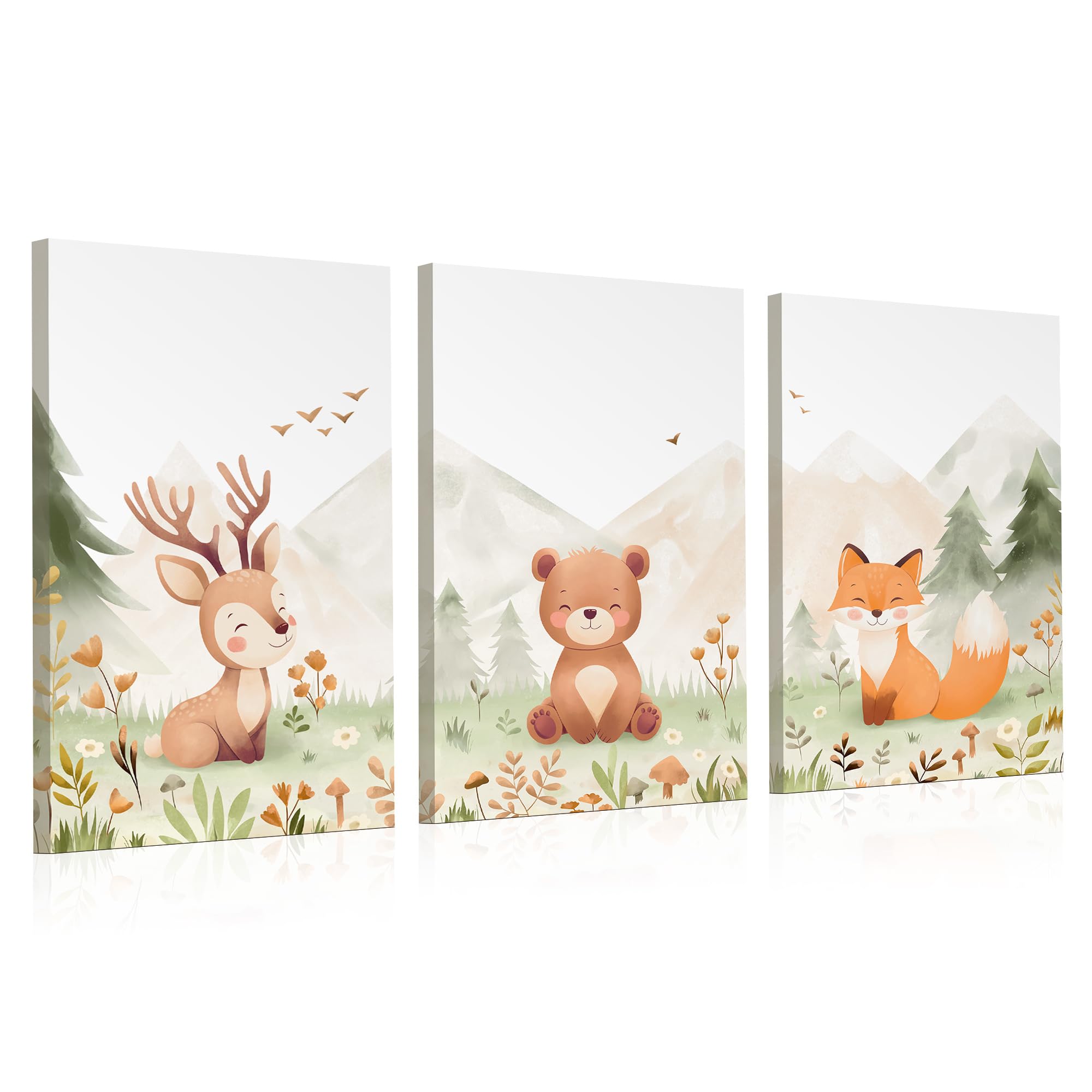 Woodland Nursery Canvas Wall Art – Hand-Drawn Forest Animals (Deer, Bear, Fox) – Large 16×24 Inch Pa