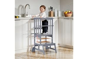 COSYLAND Toddler Standing Tower - Adjustable Height Toddler Kitchen Stool Helper - Kids Kitchen Step Stool for Learning with Removable Safety Railing Slate Gray