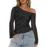 Aupuls Womens Sparkly Tops Bell Sleeve Off Shoulder Top Clubwear Outfits Sequin Christmas Shirt AUPG031 Black L