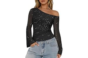 Aupuls Sparkly Tops for Women Bell Sleeve Off Shoulder Top Sequin Concert Outfits