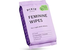 PIXIE CUP Pixie Feminine Wipes - On The Go Public Bathroom Wipes for Feminine Care - Safe On Period Cups & Menstrual Discs - Biodegradable, Flushable, pH Balanced & Unscented Menstrual Cup Wipes (20 Count)