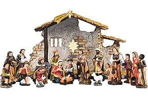 TLY Nativity Sets for Christmas Nativity Sets & Figures, Resin Nativity Scene Stable and 20 Pcs Christmas Nativity Set Figurine Holy Family Xmas Decoration Tabletop Decor Set